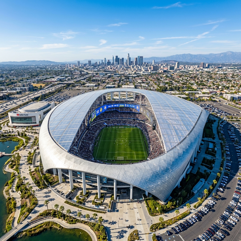 Vista aérea do SoFi Stadium, Los Angeles — sede da Copa do Mundo FIFA 2026